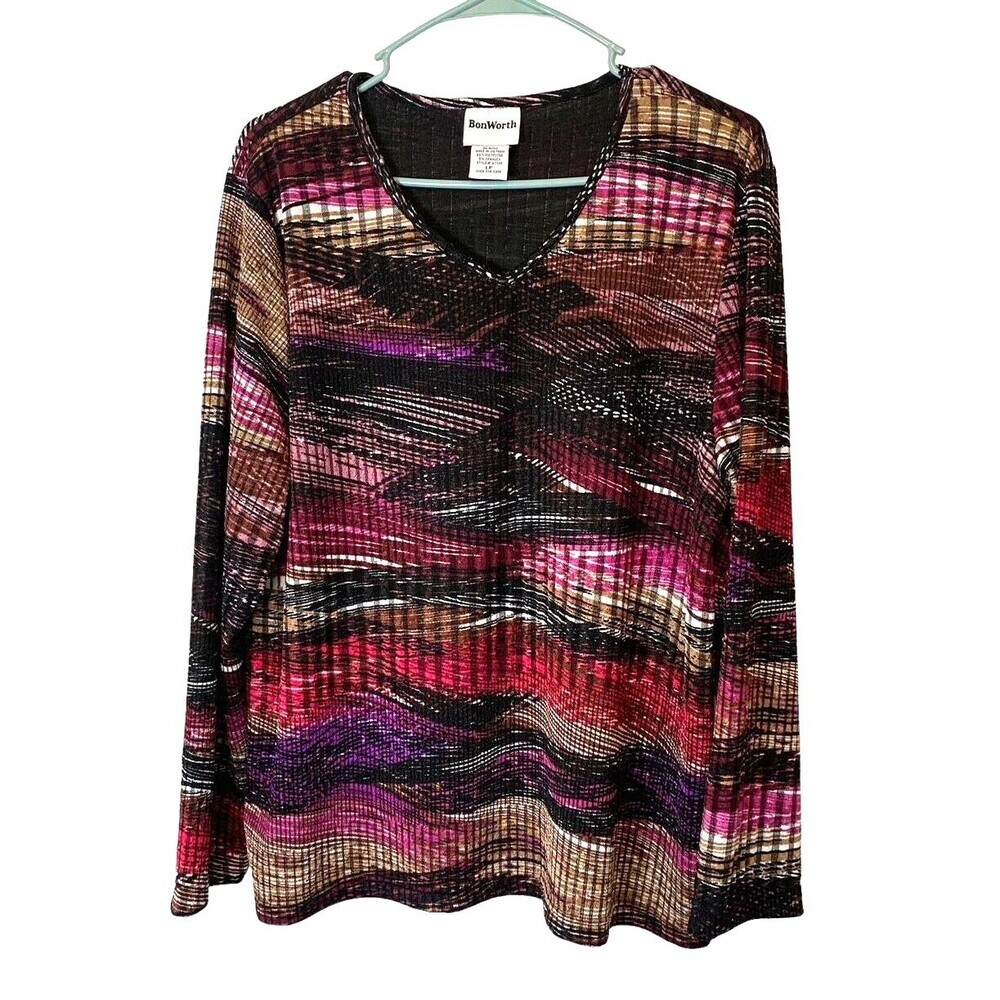 Vintage BonWorth Top Womens LP Silky Jersey Knit Side Splits Boho Geometric Y2K